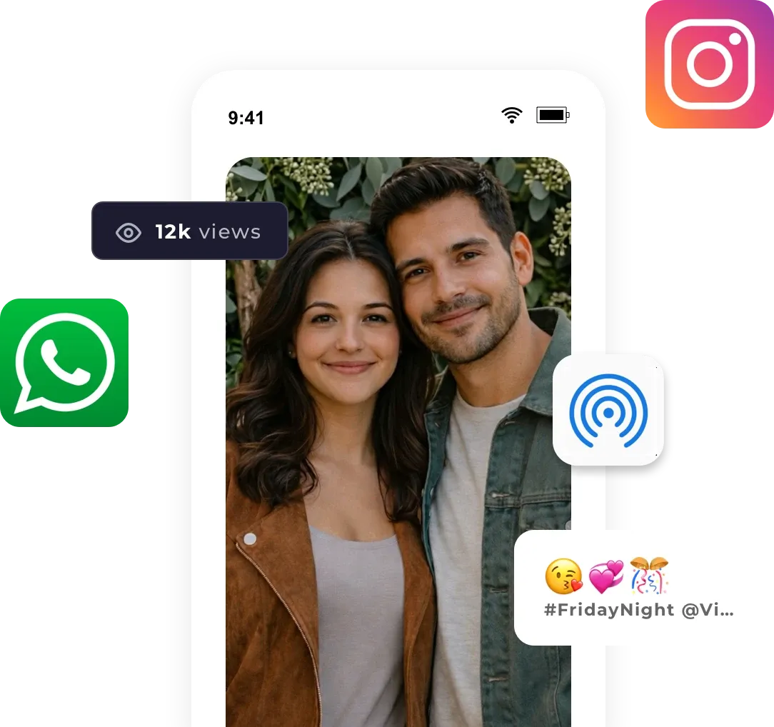 Photo booth photo on a phone screen with Instagram, WhatsApp, and AirDrop sharing icons and 12k views