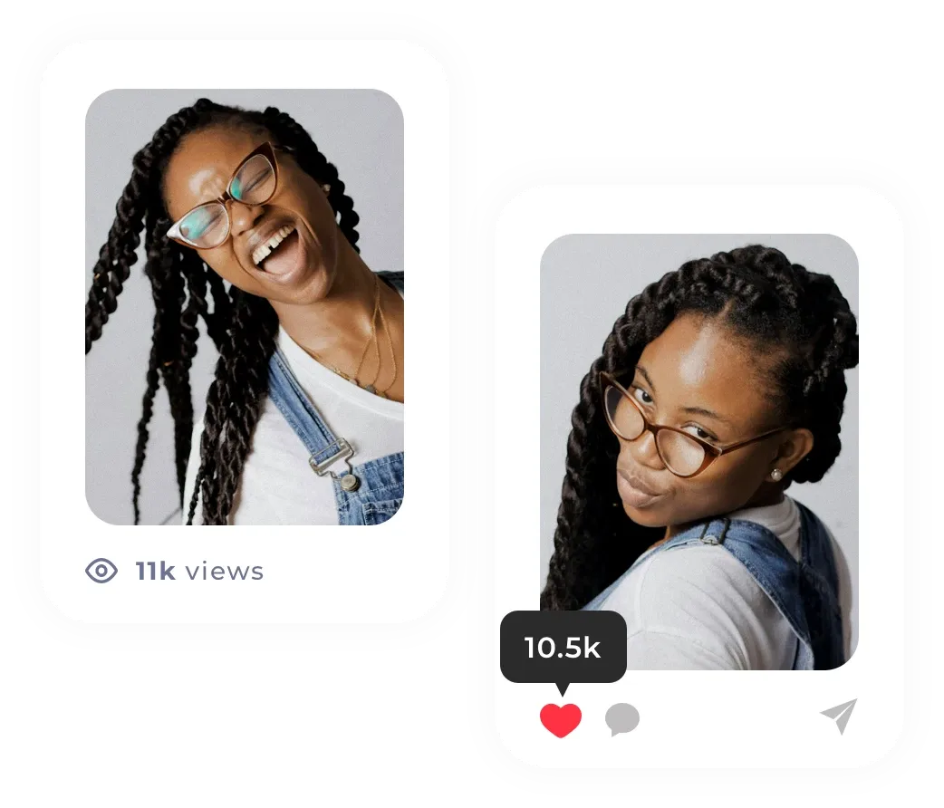 Two photo booth shots of a laughing guest shown as social posts with 11k views and 10.5k likes